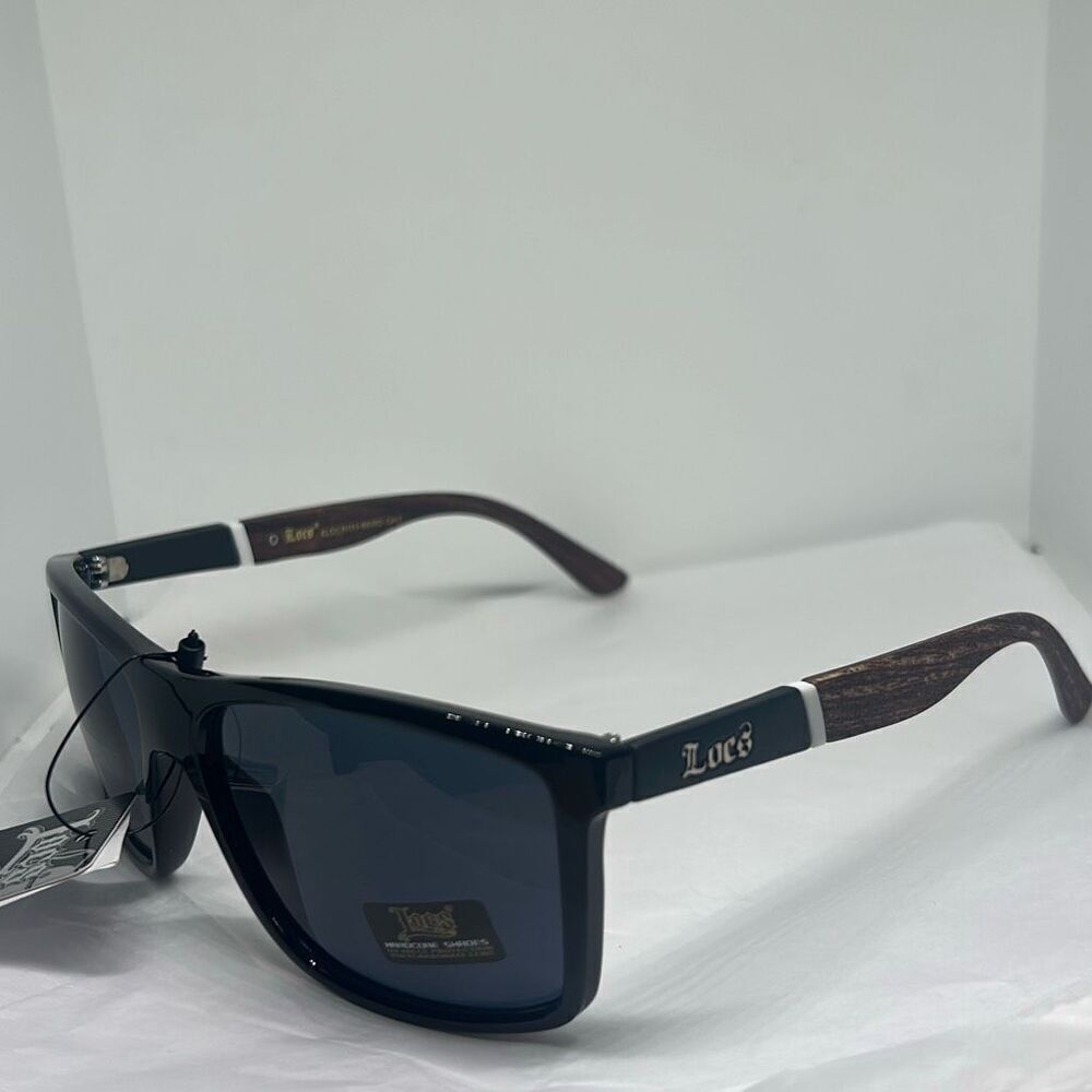 Locs 91155 Hardcore Shades – Rectangular Biker Sunglasses with Woodgrain Print A